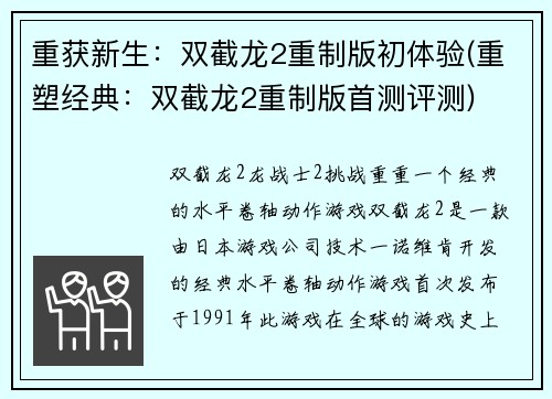 重获新生：双截龙2重制版初体验(重塑经典：双截龙2重制版首测评测)