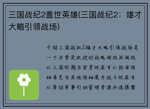 三国战纪2盖世英雄(三国战纪2：雄才大略引领战场)